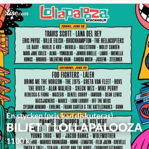  - Biljett till lollapalooza, säljes pga brutet ben. Gäller alla 3 dagar! orginalpris 1800kr