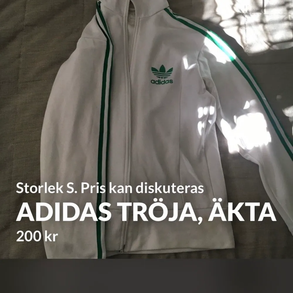 Fin grön och vit adidas tröja i Storlek S, passar till både tjejer och killar. Några små fläckar men de går bort i tvättmaskinen. Inte trasig/nopprig. Sälja pga att jag fick den av mitt ex och vill ej påminnas av honom. Fraktar helst ej, hämtar/lämnar gärna. Neuletakit & Villapaidat.