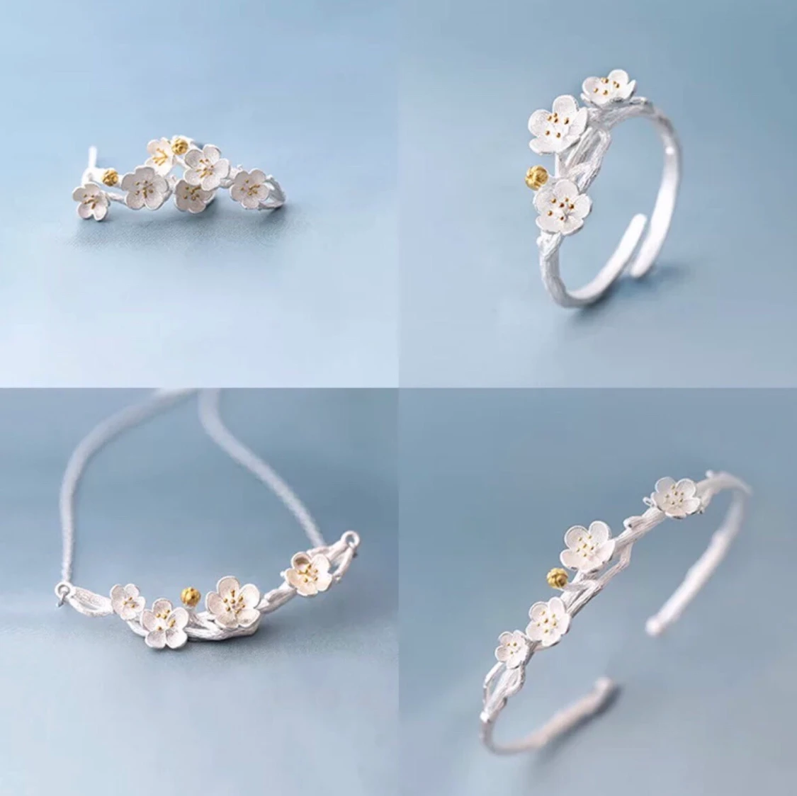  🌷Vackert flora KOMPLETT STERLING SILVER SMYCKE SET stämplat 925 alla delar  - 90