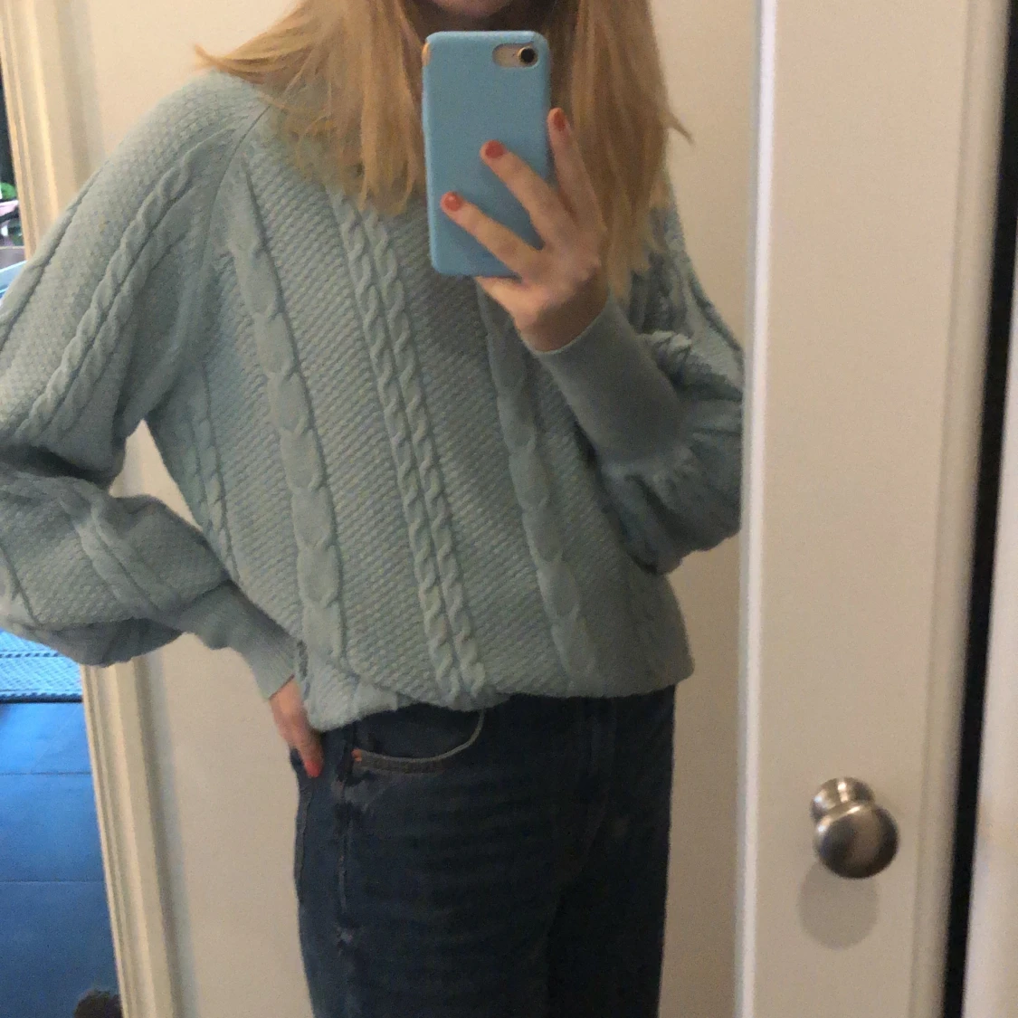 Blå stickad tröja - 90