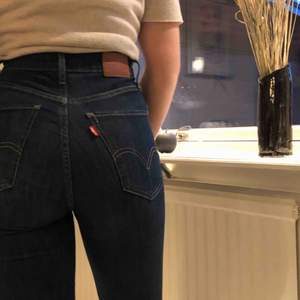 Ett par snygga Levi’s jeans i modellen Mile High super skinny i perfekt skick! Det är ett väldigt skönt och stretchigt material och en fin blå färg som är lätt att matcha med annat. Byxorna är uppvikta cirka 3 cm på modellen (160 cm lång) och det är W25. 