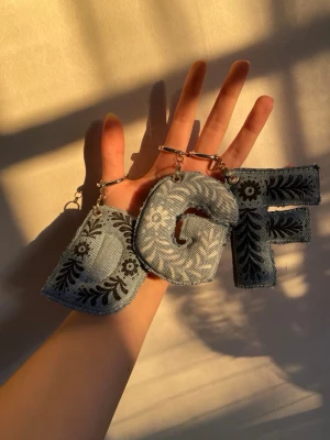 Nyckelring - Vi säljer unika nyckelringar gjorda av KEYBE-UF tillverkade i hållbart material, återanvänt jeanstyg! Perfekt att hänga på väskan eller nyckelknippan för en personlig touch. En del av nyckelringarna är även dem gjorda av återanvunnetmaterial, delar från fjädrar! Priset är varierat beroende på vilken nyckelring du önskar, 79kr för en vanlig basic nyckelring och 99kr för en nyckelring med enkel öppning!
