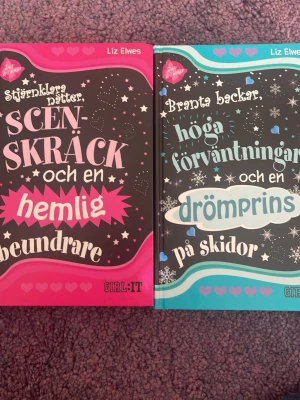 Böcker, fristående men av samma författare Liz Elwes - ”Stjärnklara nätter, scenskräck och en hemlig beundrare” och ”Branta backar, höga förväntningar och en drömprins på skidor” är böcker av Liz Elwes, som är fristående och kan läsas i vilken ordning som helst. Den första handlar om Isabel, Rosie och Missako och den andra handlar om Emma och hennes familj, Georgia och hennes familj, och deras vänner. Båda är inbundna av förlaget Girl:it, priset kan diskuteras💓