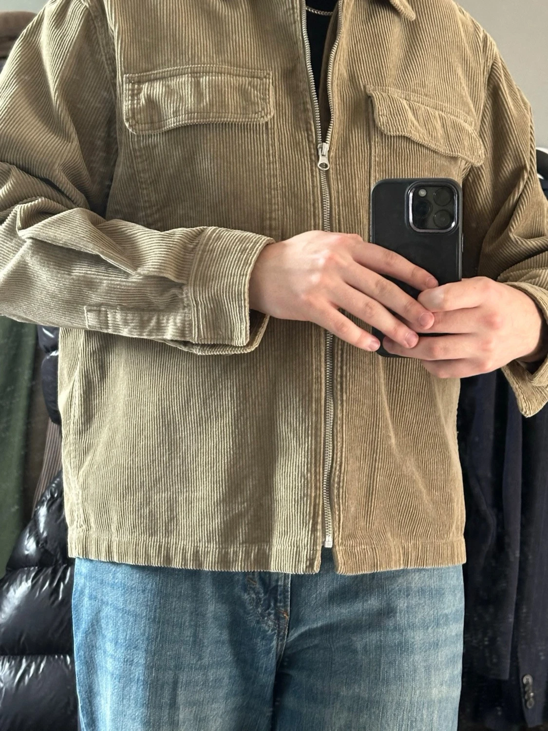 Beige manchester overshirt med dragkedja