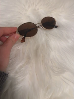 Runda bruna solglasögon i metall - Snygga solglasögon med rund form och tunna metallbågar i silver. Glasen är mörkbruna och skalmarna har en brun ton. Perfekta för en trendig och retro look i solen.