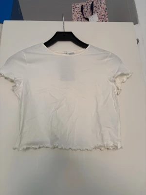 Vit croppad t-shirt från H&M Divided - Säljer en vit croppad t-shirt från H&M Divided. T-shirten har korta ärmar och en söt vågig kant nertill och vid ärmsluten. Perfekt till jeans eller kjol för en enkel och fräsch look.
