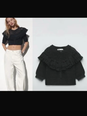 Svart kort kofta med volangkrage - Trendig svart kofta med stora volanger och spetsdetaljer vid axlar och hals. Kort modell med knappar framtill och trekvartsärmar. Perfekt för att lyfta en enkel outfit med en cool touch.