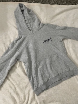 Grå hoodie Saints St Mary's DSG - Ljusgrå hoodie med tryck 'Saints St Mary's DSG' och en liten figur med gloria på bröstet och ryggen. Klassisk känguruficka framtill och stor huva. Mjuk bomullsmix som passar perfekt för en avslappnad stil. Står storlek m men passar s mer