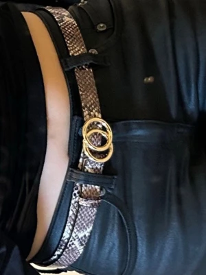 Ormmönstrat bälte med gulddetalj - Snyggt bälte med ormmönster i bruna och beige toner. Bältet har ett stilrent spänne i guld med dubbla ringar framtill. Perfekt accessoar för att lyfta din outfit.