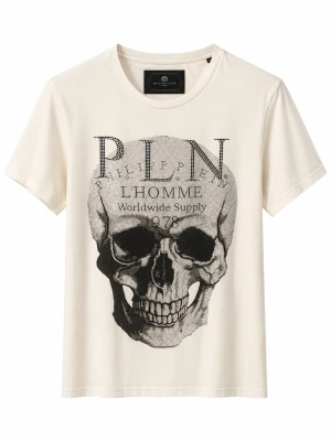 Vit Philipp Plein t-shirt med tryck - Snygg vit t-shirt från Philipp Plein med stort rhinestone tryck framtill och logodetalj i nacken. Klassisk rund halsringning och korta ärmar. Perfekt för dig som gillar streetstyle och vill sticka ut med ett rhinestone tryck. Tillverkad i mjuk bomull för skön känsla.