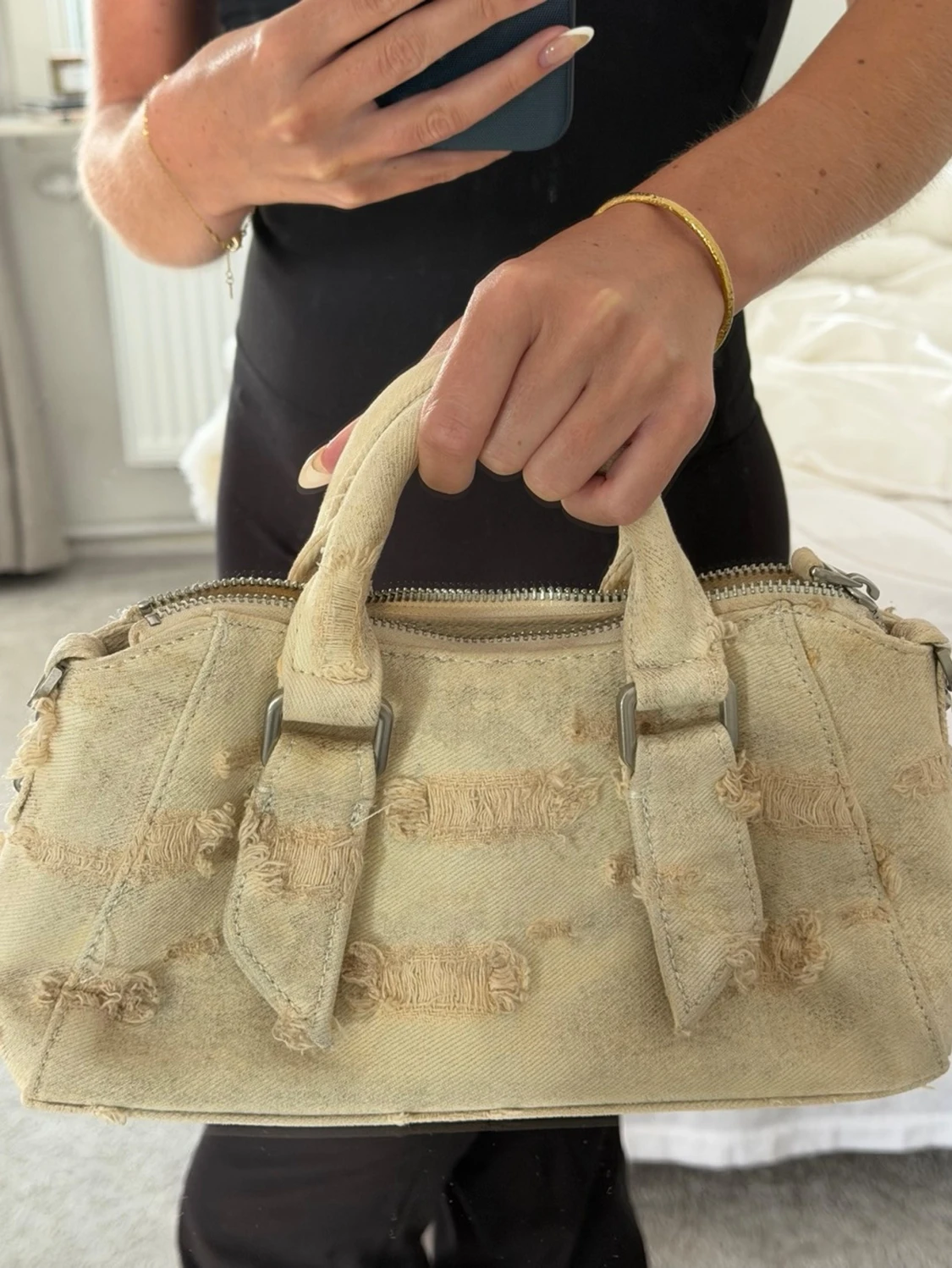 Beige distressed handväska - 3