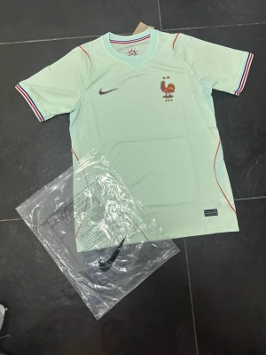 Ljusblå Nike fotbollströja Frankrike - Snygg ljusblå fotbollströja från Nike med Frankrikes landslagsemblem och två stjärnor på bröstet. Tröjan har korta ärmar med röd, vit och blå rand på muddarna samt tunna röda detaljer längs sidorna. Perfekt för match eller träning.