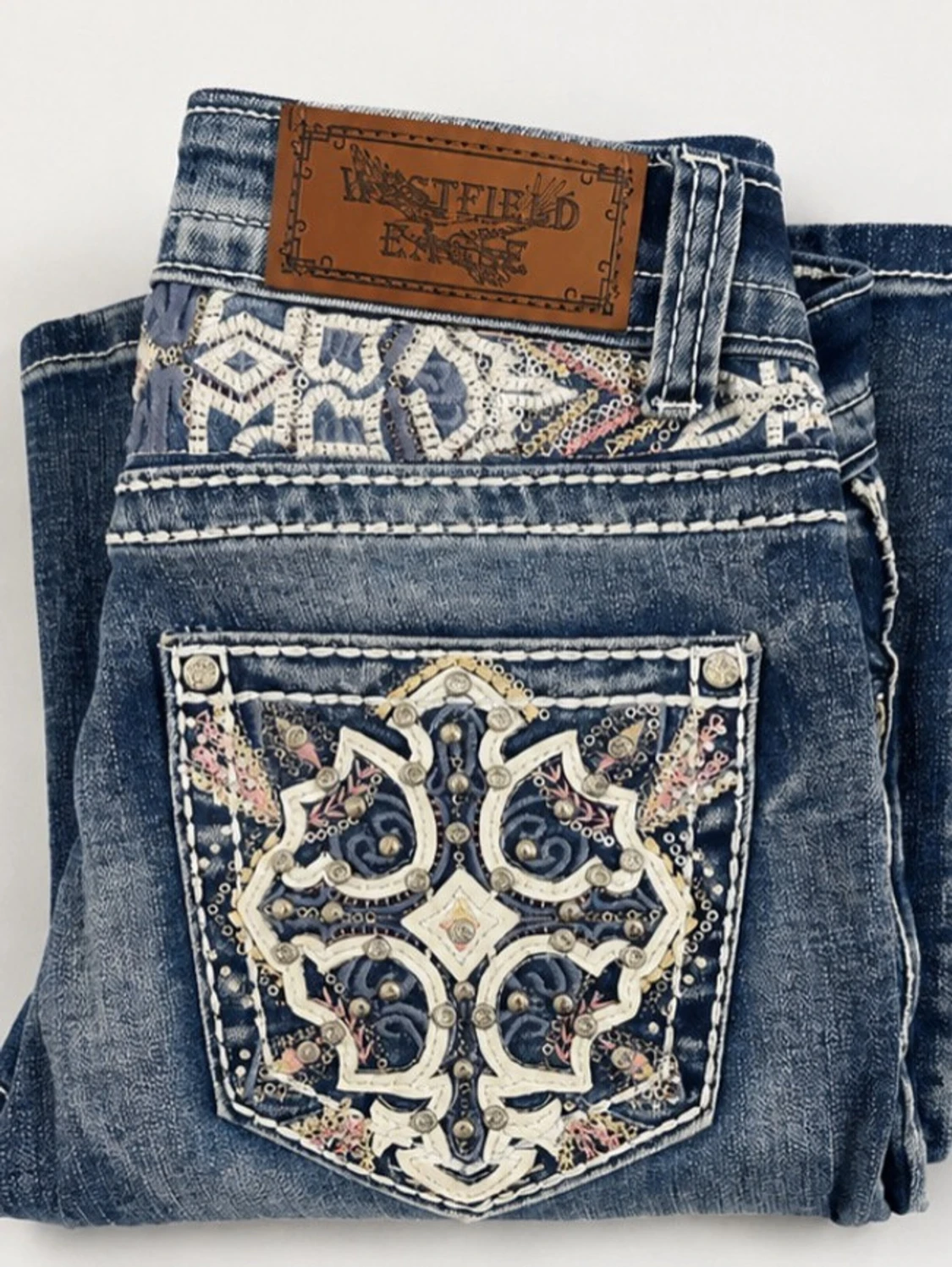 Blå bootcut jeans med mönstrade fickor - 2