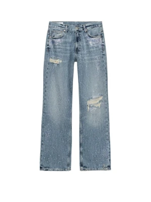 Blå raka jeans med glitter och slitningar - Säljer ett par ljusblå raka jeans från Zara med glittriga detaljer och slitningar på benen. Medelhög midja 💙