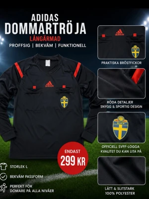 Adidas långärmad domartröja - Säljer en svart långärmad domartröja från Adidas med röda detaljer och officiell SVFF-logga. Tröjan har praktiska bröstfickor och är tillverkad i lätt och slitstark 100% polyester. Perfekt för dig som vill ha en sportig och funktionell look på planen.