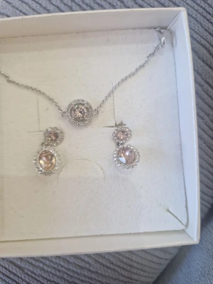 Smyckesset med rosa stenar - Ett elegant smyckesset med halsband och örhängen i silverfärgad metall. Både halsbandet och örhängena har ljusrosa stenar omgivna av små klara stenar för extra glans. Perfekt för dig som gillar stilrena och glittriga accessoarer.