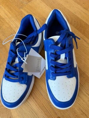 Blåvita sneakers från Monki - Snygga sneakers i blått och vitt från Monki. Skorna har klassisk låg modell med perforerad tå, blå snörning och detaljer i blått syntetmaterial. Perfekta för en cool och sportig stil.