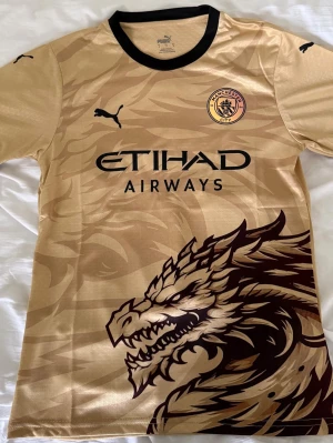 Manchester City guld matchtröja Puma - Unik Manchester City matchtröja i guld med svart drakmotiv på framsidan. Tröjan har svarta detaljer vid krage och ärmslut, klubbmärke på bröstet och Puma-loggor. Tillverkad i lätt, andningsbart material perfekt för träning eller match.
