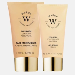 Warda ansiktskräm & gel serum set - Helt ny i original förpackning. Set med ansiktskräm 50 ml  och gel serum 30ml från Warda Luxury Skincare. Krämen innehåller kollagen, glycerin och aloe vera, medan serumet har kollagen, granatäpple och glycerin. Båda i beige tuber med guldfärgade lock. Perfekt för återfuktning och lyster. Ordinarie pris 927kr