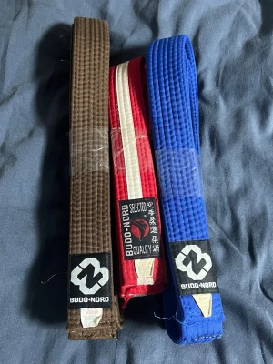 Karatebälten från Budo-Nord - Tre karatebälten från Budo-Nord i färgerna brunt, rött med vit rand och blått. Bältena är klassiska och tillverkade i slitstarkt bomullsmaterial, perfekta för kampsportsträning.
