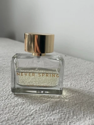 Never Spring parfym från Björk & Berries - 50ml (ca 50% kvar) Never Spring från Björk & Berries är en elegant parfym i en genomskinlig, rektangulär glasflaska med guldfärgat lock. Flaskan har stilren design med guldtext på framsidan och känns lyxig och modern. Perfekt för dig som gillar exklusiva dofter.