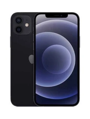 Svart iPhone 12 med dubbla kameror - Snygg svart iPhone 12 med stilren design och rundade kanter. Telefonen har en stor skärm med tunn ram och två kameror på baksidan. Tillverkad i glas och aluminium, perfekt för dig som gillar modern teknik och Apple-produkter.