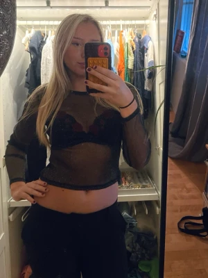 Glittrig svart mesh croppad långärmad topp - Säljer en svart transparent mesh topp med croppad passform och långa ärmar. Perfekt att styla över en snygg bh eller linne. Tunn och luftig, ger en edgy vibe till din outfit. Storleken är xs så därför lite för liten för mig.