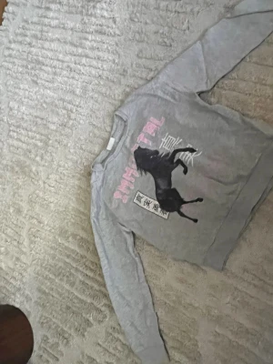 Grå sweatshirt med hästmotiv - Cool grå sweatshirt med tryck av en svart häst på framsidan och text i rosa och vitt. Tröjan har rund hals och långa ärmar, perfekt för en avslappnad och trendig look.