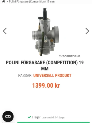 Polini competition 19mm - Hej säljer nu min polini CP fögasare till de flesta mopparna! Har suttit på Vivacity 2008. Fögasaren är typ ny finns ingen svart olja eller intorkad bensin lika fräsch som nu har använts men märks inte. Säljer nu för 19 mm va för stort för min moppe!   Trimfögasare från Polini är en teknisk förbättrad förgasare med siktet inställt på racing. Förgasarens design och utformning har blivit optimerad för att ge ett så bra bränsleflöde som möjligt vid alla öppningar på trotteln.