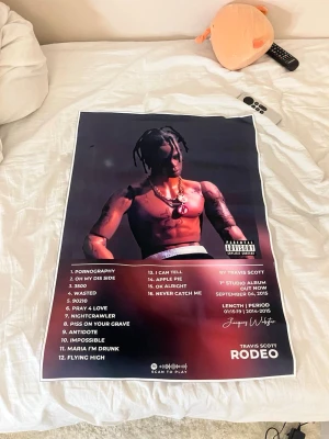 Travis Scott Rodeo affisch 50x70 - Säljer en Travis Scott poster med albumet Rodeo. Fett snygg och är i 50x7. Har nån liten detekt men inget man tänker på