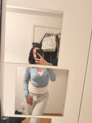 Ljusblå ribbad cro sopad topp - Säljer en ljusblå croppad topp med ribbad struktur och v-ringning. Toppen har långa ärmar och sitter tight, perfekt för att styla med höga byxor eller kjol. Enkel men trendig design som passar till många olika looks.