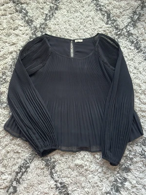 Svart plisserad blus från Hollister - Snygg svart blus från Hollister med plisserade detaljer och rund halsringning. Blusen har långa ärmar med elastiska muddar och en lätt transparent känsla. Perfekt för dig som gillar stilrena och trendiga plagg.