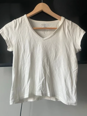 Vit v-ringad t-shirt  - En enkel och klassisk vit t-shirt från Brandy Melville med v-ringad hals och korta ärmar. T-shirten är gjord i mjuk bomull och har en normal passform som är perfekt för en avslappnad look. Super skön och i ett väldigt bra skick. Står ingen storlek men passar xs/s/m beroende på vilken passform du önskar❣️
