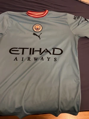 Manchester City matchtröja Puma - Snygg ljusblå Manchester City matchtröja från Puma med Etihad Airways-logga på framsidan och Haaland 9 på ryggen. Tröjan har rund hals med röda och vita detaljer, klubbmärke på bröstet och Premier League-märke på ärmen. Perfekt för fotbollsfans!
