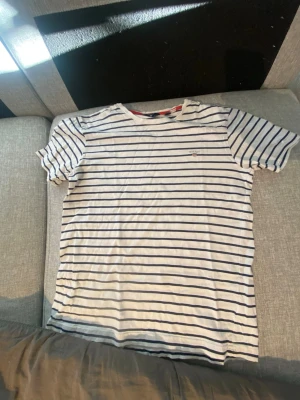 Randig vit t-shirt från GANT - Säljer en klassisk vit t-shirt från GANT med marinblå horisontella ränder. Superfint skick. 
