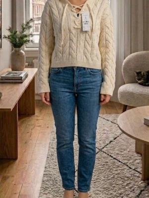 Vit kabelstickad hoodie Gina Tricot - Säljer en krämvit kabelstickad hoodie från Gina Tricot med snörning i halsen och luva. Tröjan har långa ärmar, ribbade muddar och en avslappnad passform. Perfekt för mysiga dagar och enkel att styla med jeans eller kjol.