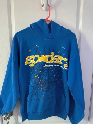 Blå Spider hoodie med tryck - Blå hoodie från Spider med stort färgglatt tryck framtill som föreställer texten 'spider' och ett spindelnät. Hoodien har huva och är tillverkad i 100% bomull. Perfekt för dig som gillar unika och lekfulla plagg.