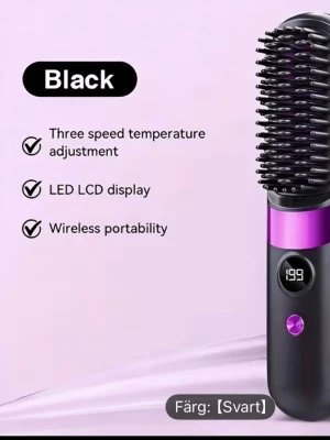 Svart elektrisk värmeborste - en trådlös och portabel plattång som är perfekt att ha med sig i väskan eller på resan. Den värms upp snabbt och har tre olika temperaturinställningar, så den passar de flesta hårtyper.  Den har en tydlig LED-display där man ser temperaturen, och är uppladdningsbar via USB vilket gör den väldigt smidig att använda utan sladd. Helt ny, Oanvänd! Perfekt för snabba fixar under dagen eller när du är på språng!