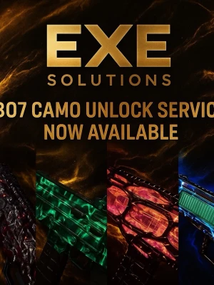 EXE Solutions 307 Camo Unlock Service - Erbjuder en digital tjänst för att låsa upp 307 olika camo skins till spel, med futuristiska och färgstarka mönster i rött, grönt och blått. Perfekt för dig som vill sticka ut i spelet och få exklusiva kosmetiska tillägg. Dm för mer information 