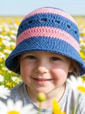 Virkad bucket hat i blått och rosa för ålder 4 år - Säljer en handvirkad bucket hat med breda ränder i blått och rosa. Hatten har klassisk form och är tillverkad i mjukt garn, perfekt för en trendig och avslappnad look. Passar dig som gillar färg och unika accessoarer.