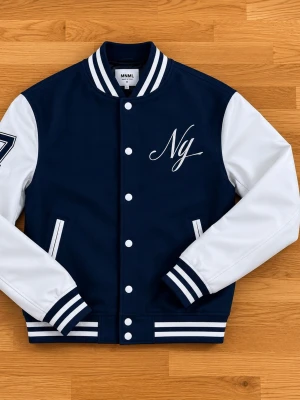 Blå och vit bomberjacka Brooklyn - Snygg blå och vit bomberjacka från MNML med broderad text 'Ny' fram och 'Brooklyn' bak. Jackan har vita ärmar, randiga muddar och krage samt knappar framtill. Klassisk collegestil med fickor och detaljer i vitt.
