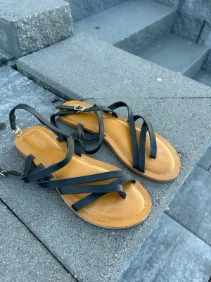 Svarta remsandaler från SHEER - Snygga sandaler från SHEER med tunna svarta remmar i konstläder och brun sula. Sandalerna har öppen tå, justerbart spänne vid ankeln och minimalistisk design som passar perfekt till sommaren.