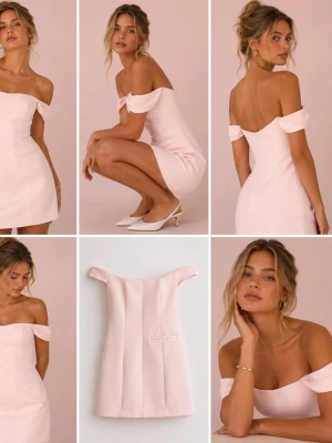 Ny Ljusrosa offshoulder kortklänning H&M strl XS  - Superfin ljusrosa kortklänning från H&M med offshoulder-design och figurnära passform. Nypris 549 kr