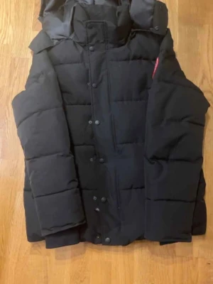 Svart dunjacka från Canada Goose - Säljer en svart dunjacka från Canada Goose med huva och hög krage. Jackan har en klassisk puffer-design med stora, quiltade sektioner och tryckknappar framtill. Perfekt för kalla vinterdagar och riktigt varm tack vare dunfyllningen.