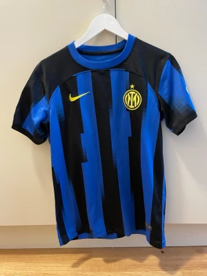 Inter Milan fotbollströja med Lautaro 10 - Snygg Inter Milan matchtröja från Nike med blå och svarta ränder, gula detaljer och klubbmärke på bröstet. Nummer 10 och namnet Lautaro på ryggen. Korta ärmar och officiella Champions League-märken på ärmen. Perfekt för fotbollsfans!