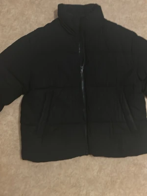 Svart pufferjacka - Säljer en svart pufferjacka  i storlek L. Jackan har hög krage, dragkedja framtill och två snedställda fickor. Klassisk boxig passform och quiltad design som håller värmen under kalla dagar. Perfekt för dig som vill ha en stilren vinterjacka. Defekt: Lite trasigt vid armhålan men de kan man bara sy ihop 