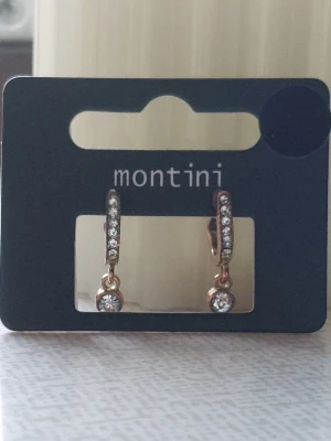Guldiga örhängen med stenar - Guldiga örhängen från Montini med gnistrande vita stenar längs bågen och en större sten längst ner. Använda några gånger, färgen försvinner men alla diamanterna är kvar ! 