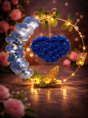 Dekorativ ljusslinga med blå rosor - Unik dekoration med en hjärtformad samling blå rosor, omgiven av en cirkel med LED-ljusslinga, konstgjorda blad och fjärilar i guld. Perfekt som bordsprydnad eller present. Står på en liten träbas och har detaljer av blå blommor och gröna blad.