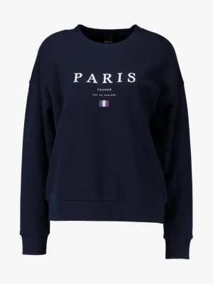 Mörkblå sweatshirt med Paris-tryck - Mörkblå sweatshirt med vitt Paris-tryck och liten fransk flagga på bröstet. Tröjan har rund halsringning, långa ärmar och ribbade muddar. Tillverkad i mjukt bomullsmaterial för en skön och avslappnad stil. Säljer då den är för liten för mig. Tröjan säljs inte längre i butik.