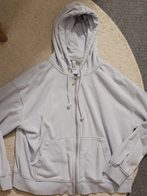 Ljusblå zip hoodie från H&M - Ljusblå hoodie med dragkedja från H&M. Klassisk modell med huva och dragsnören, samt två stora fickor framtill. Tillverkad i mjuk bomullsblandning och har ribbade muddar vid ärmslut och nederkant. Perfekt för en chill och avslappnad stil.